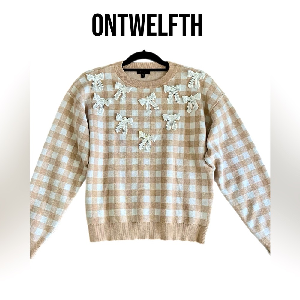 Ontwelfth Beige Checkered Sweater with Bow Accents Large - Picture 3 of 10